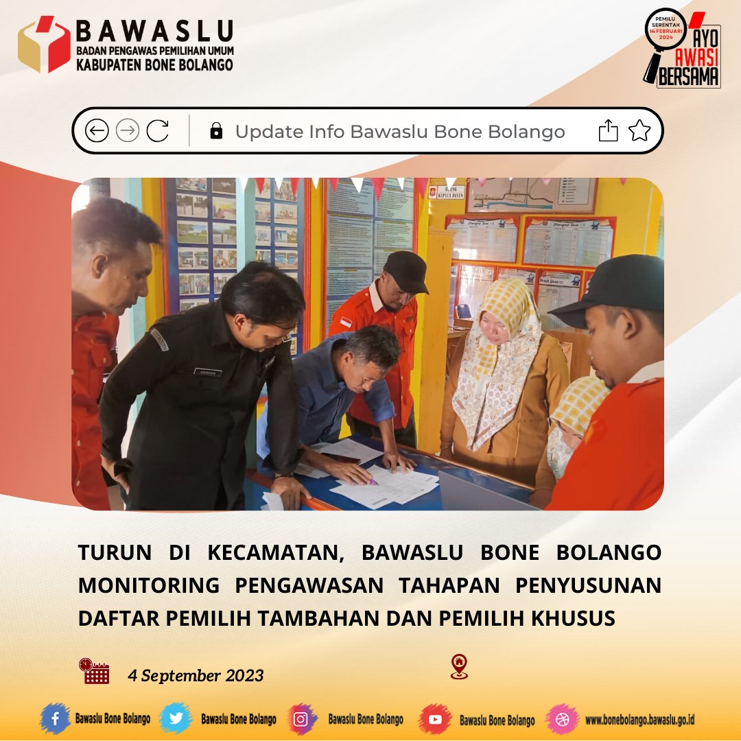 BwsBoneBolango's tweet photo. #SahabatBahwaslu Bawaslu Kabupaten Bone Bolango melaksanakan kegiatan monitoring pengawasan tahapan penyusunan Daftar Pemilih Tambahan (DPTb) dan Daftar Pemilih Khusus (DPK) dalam rangka Pemilihan Umum Serentak Tahun 2024 sejak Senin (04/08/2023). https://t.co/f1jt84U5yb