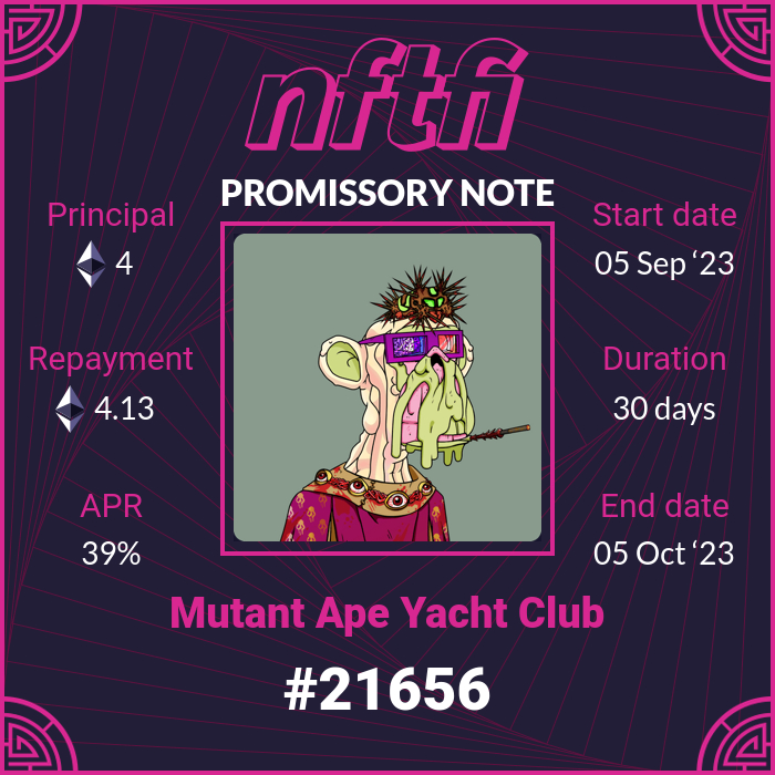 New loan started on MutantApeYachtClub: #21656
    
Loan: 4 wETH
Repayment: 4.128219 wETH
Duration: 30 days
APR: 39%
  
app.nftfi.com/assets/0x60e4d…

#MutantApeYachtClub #MAYC