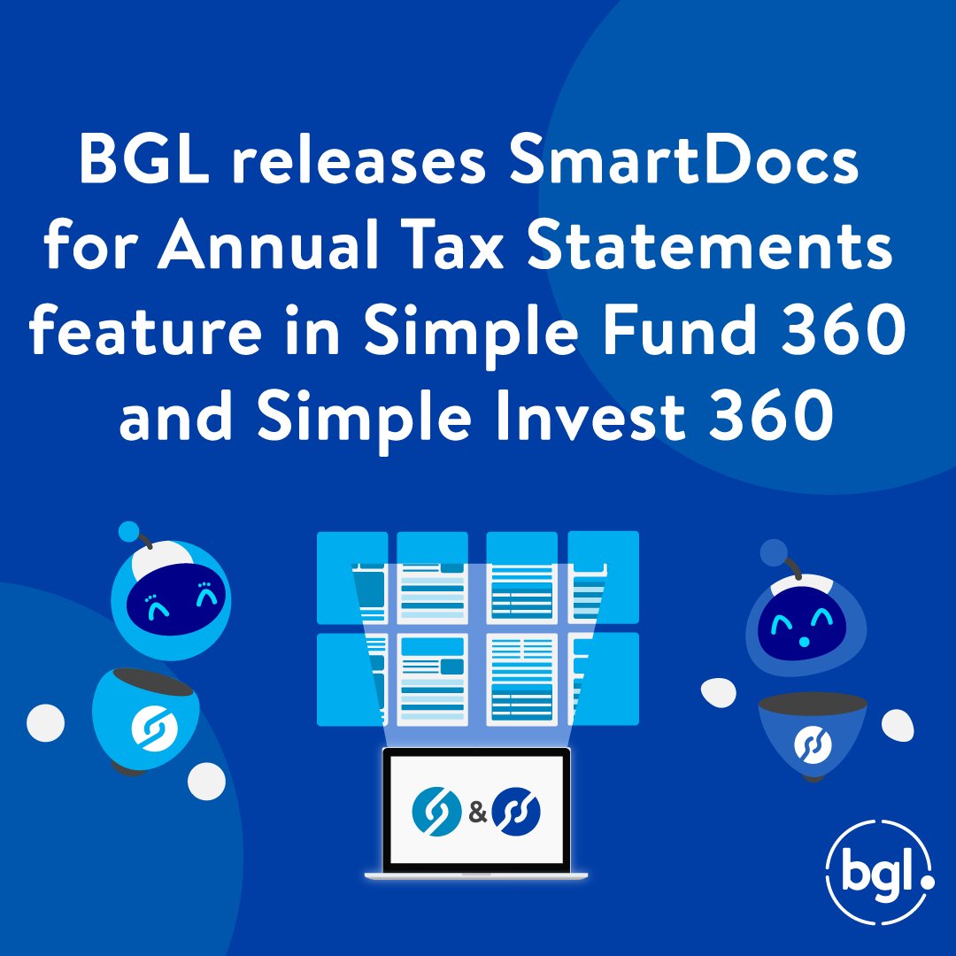 BGLcorp's tweet photo. We are very proud to announce the release of Annual Tax Statement automation, using BGL #SmartDocs, in #SimpleFund360 & #SimpleInvest360!π
Read all about the Annual Tax Statement automation: https://t.co/sRbipnzhXH
#BGLcorp #PaperToData #AIpowered #Accounting #Automation #AI https://t.co/VsGvJt7F3W