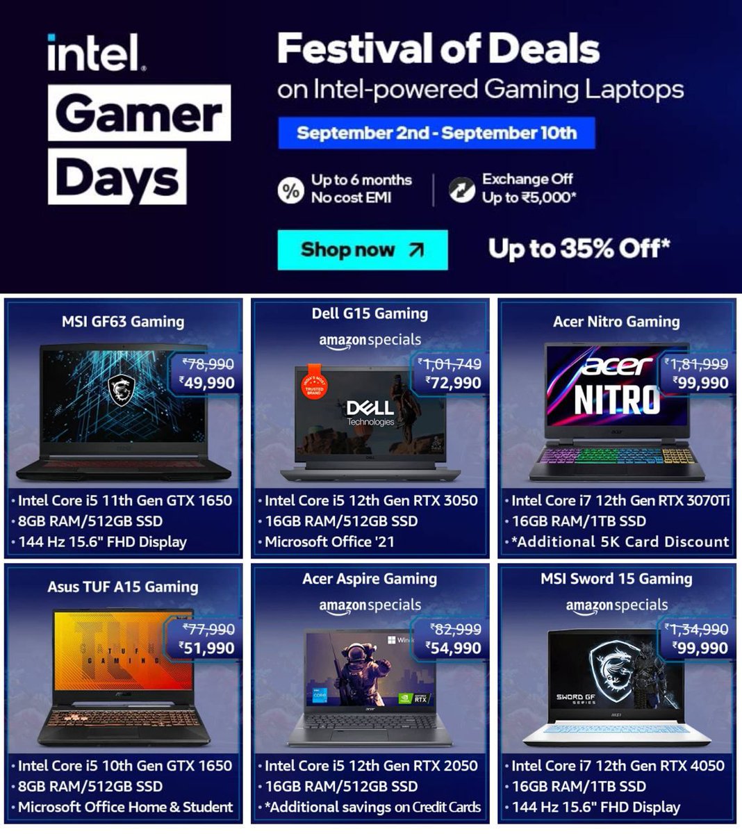 💻 intel Gamer Days ⚡️ Up to 35% Off
– Live till 10th Sep
– Up to 6 months No Cost EMI
– Exchange off up to Rs 5,000
Shop Now on Amazon 👇
amzn.to/3EoroBl

#IntelLaptop #IntelGamerDays #GamingLaptop #gaming #gamingcommunity #hrstech1