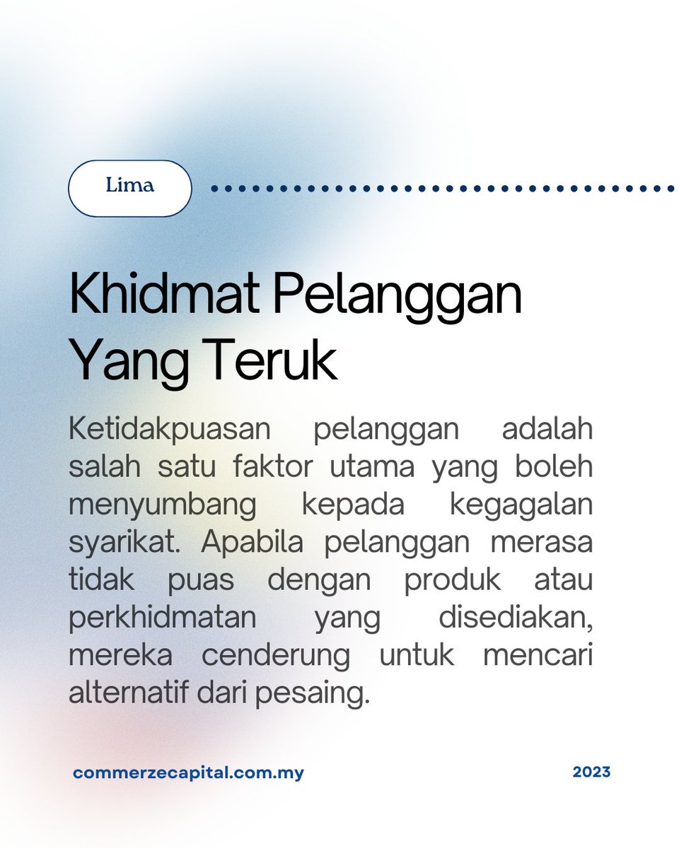 CommerzeCapital's tweet photo. 𝗟𝗶𝗺𝗮.
𝗞𝗵𝗶𝗱𝗺𝗮𝘁 𝗣𝗲𝗹𝗮𝗻𝗴𝗴𝗮𝗻 𝗬𝗮𝗻𝗴 𝗧𝗲𝗿𝘂𝗸.
Apabila pelanggan merasa tidak puas dengan produk atau perkhidmatan yang disediakan, mereka cenderung untuk mencari alternatif dari pesaing. https://t.co/QwvXjxYOPd