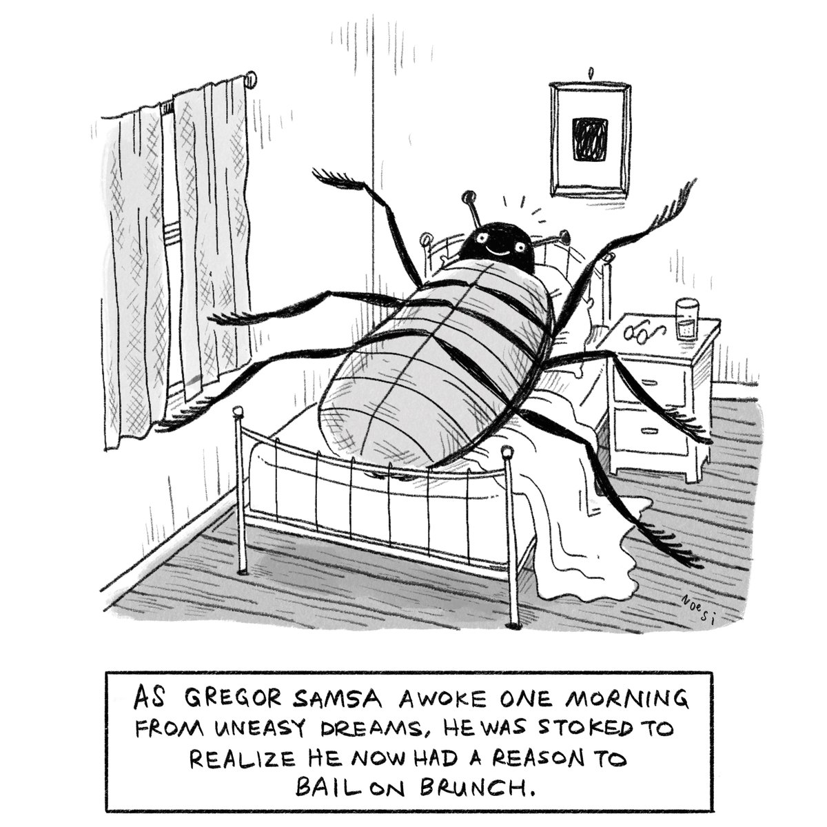 a Gregor Samsa cartoon of my very own in this week's @NewYorker ! my toxic trait is that I did not know what 'kafkaesque' meant until I drew this cartoon and figured I should probably google it.