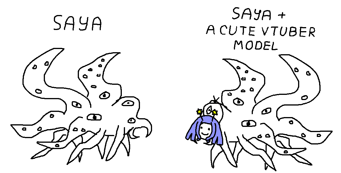 Agnosia0's tweet photo. Started watching Jelly's Saya no Uta VODs. Wow. Just wow.

Here is a "Shoggoth with a Smiley Face" meme for Jelly's deep lore.
#Jellybeme https://t.co/rqGu2wvjOh