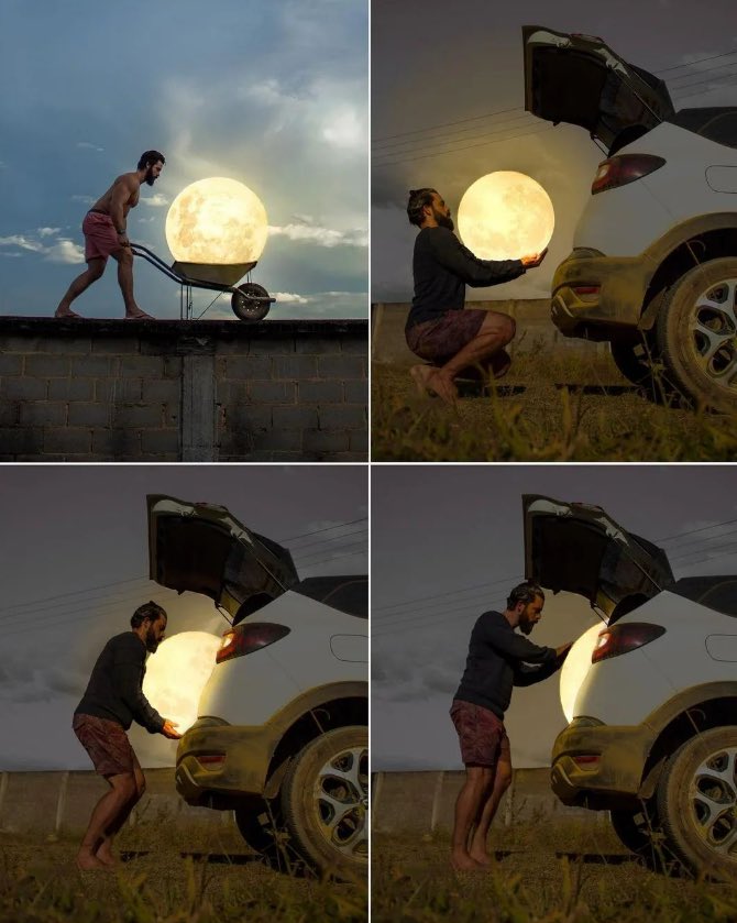 El hombre que robó la luna. El fotógrafo brasileño Daniel Antoniol manipula la perspectiva para que la luna parezca transportada o levantada.

©Masayuki Tsuda