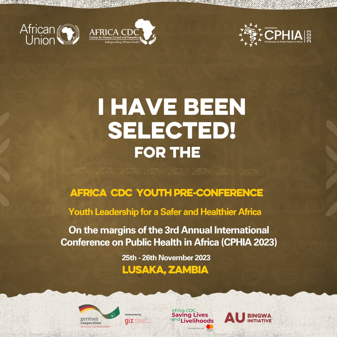 I am glad to have been selected to attend the #YPC2023 on the margins of CPHIA2023, happening on the 25&26th of November in Lusaka, Zambia, under the theme: Youth Leadership for a safer& Healthier Africa.
@AfricaCDC @CPHIA_AfricaCDC @AUBingwa 
#YPC2023 #CPHIA2023 #NewPublicHealth
