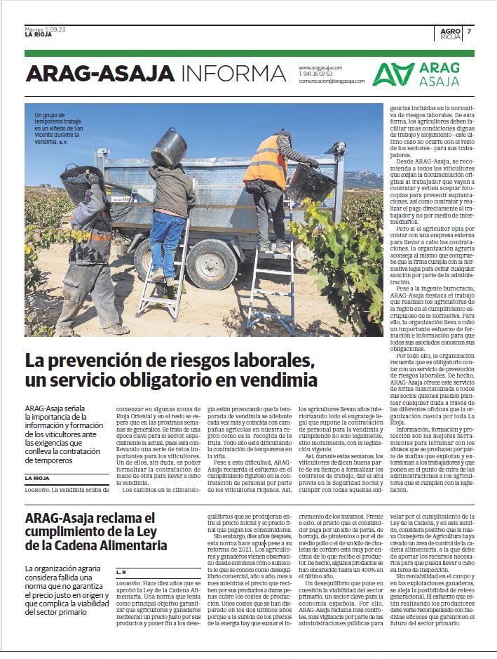 🧑‍🌾Con la vendimia a las puertas, es imprescindible contar con toda la información sobre prevención de riesgo laborales en el sector viticultor.

Os dejamos algunos importantes consejos al respecto que publica hoy <a href="/lariojacom/">lariojacom</a> 👇👇
#ARAGASAJA #vendimia #viñedo #empleo
