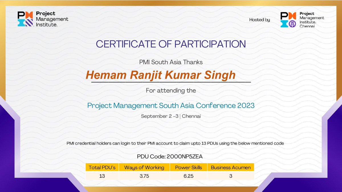 signor_rk's tweet photo. My Certificate of participation ! Thank you so much PMI South Asia &amp; PMI Chennai 🙏🏻😇 
#PMSAC23 #PMIChennai #PMI #PMIMumbai #PMIBangalore #PMIWestBengal #ProjectManagement https://t.co/MCpDXuI0Rt