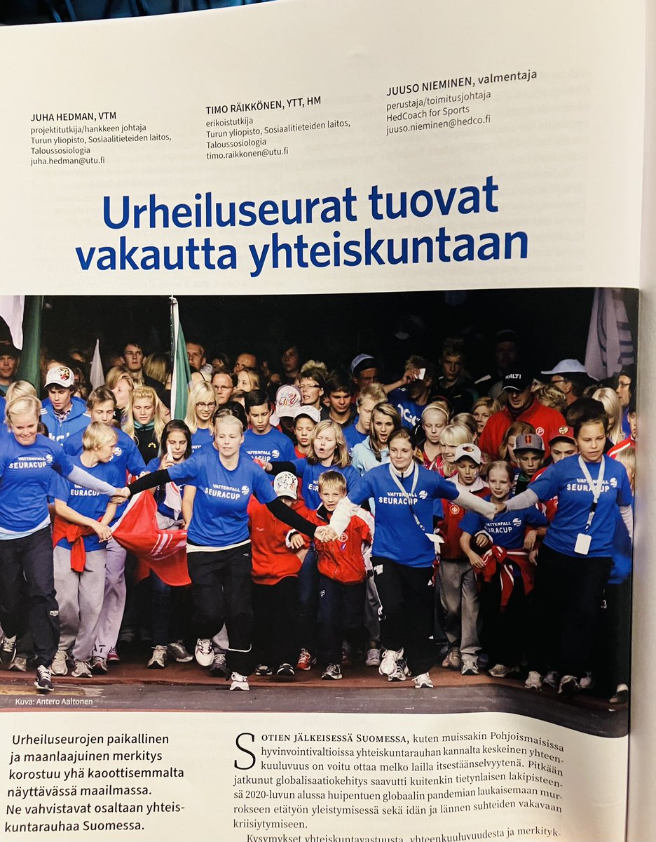 "Urheiluseurat ovat yhteiskunnallisesti ja yhteisöllisesti merkittäviä toimijoita, jotka mahdollistavat merkitykselliset kohtaamiset, oman ja yhteisen osaamisen kehittämisen eri rooleissa sekä osallisuuden ja joukkoon kuulumisen kokemukset." #liikuntatiede #seuratoiminta