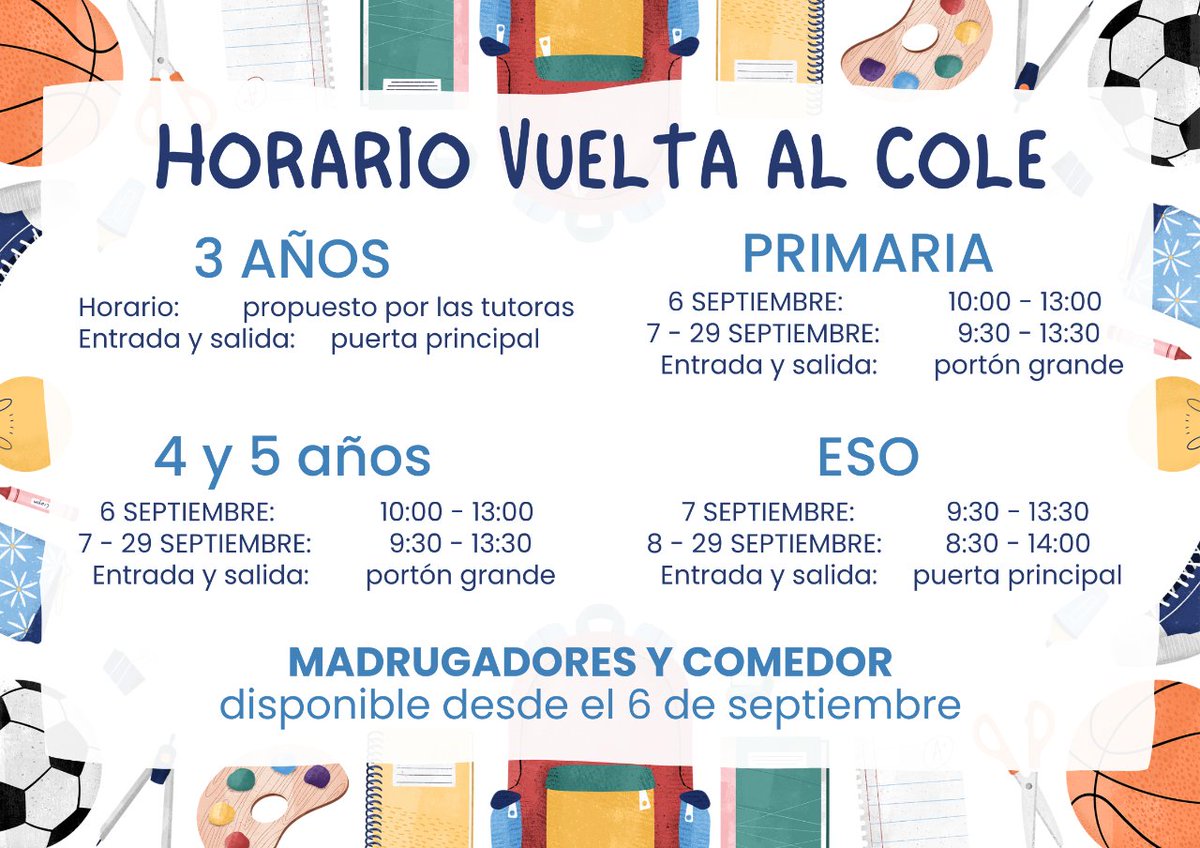 Inmaculada_Lega's tweet photo. 📣¡Bienvenidos de nuevo al cole! 🎒 Arrancamos un curso 2023-2024 lleno de diversión 🎉 aprendizaje 📚 y retos a superar 💪 ¡Comprueba bien el horario de tu etapa! 🔎 #ColegiosHHCC #EducacionVicenciana #VolvemosAlCole #NuevoCurso https://t.co/keAdNOiUCF