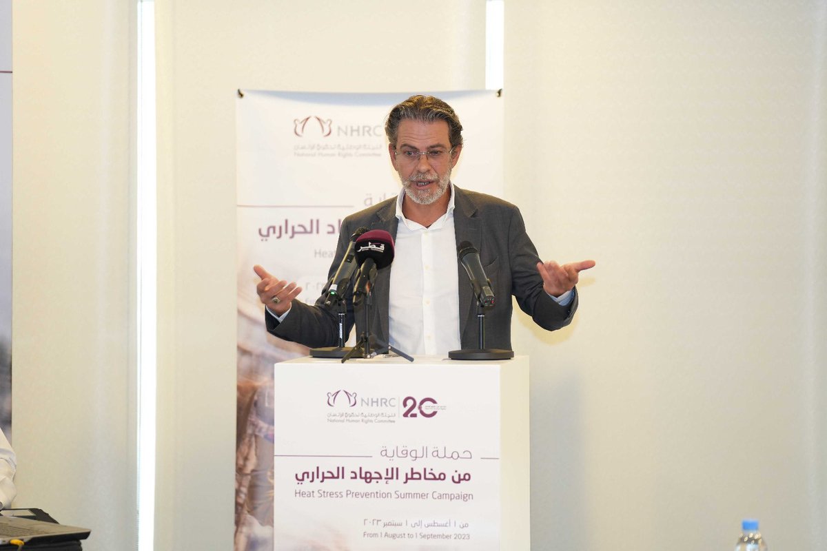 ILOQatar's tweet photo. As @nhrcqatar concludes its #HeatStress awareness raising campaign which reached out thousands of 👷🏽👷🏽‍♀️, the @ilo commended the efforts made in #Qatar and stressed the need for science-driven policies to better protect workers from heat stress. https://t.co/jsPE7nxWuF