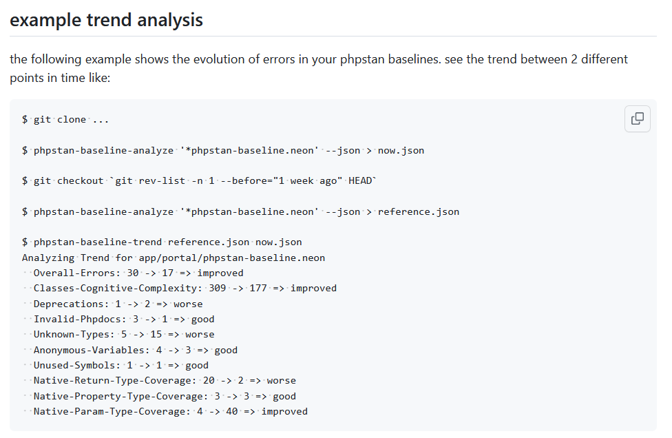 markusstaab's tweet image. Just pushed a new release of #PHPStan #baseline analysis.

it adds support for @VotrubaT type-coverage 0.2.x output format (in addition to 0.1.x) and adds support for couting of deprecated functions and properties

github.com/staabm/phpstan…