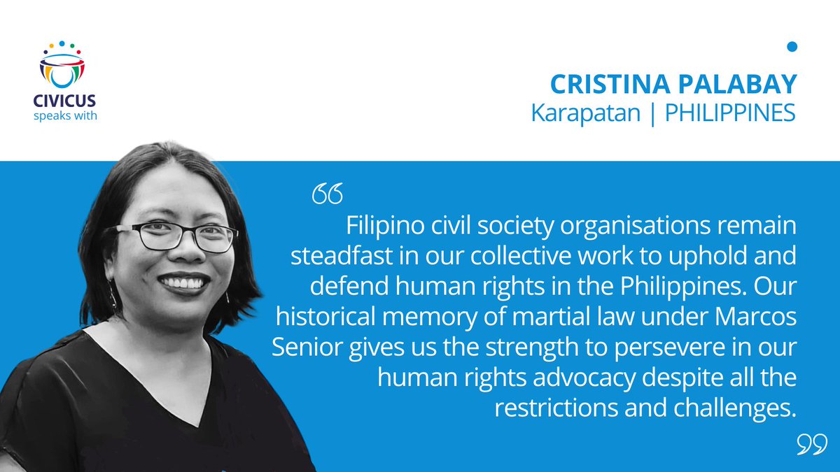 🇵🇭 "There seems to be no essential or substantial change in the relationship between the government and Filipino civil society, which continues to be hostile." - <a href="/TinayPalabay/">Tinay Palabay</a> of <a href="/karapatan/">Karapatan</a> on the human rights situation in the Philippines 
➡️web.civicus.org/CristinaPalabay #CIVICUSLens