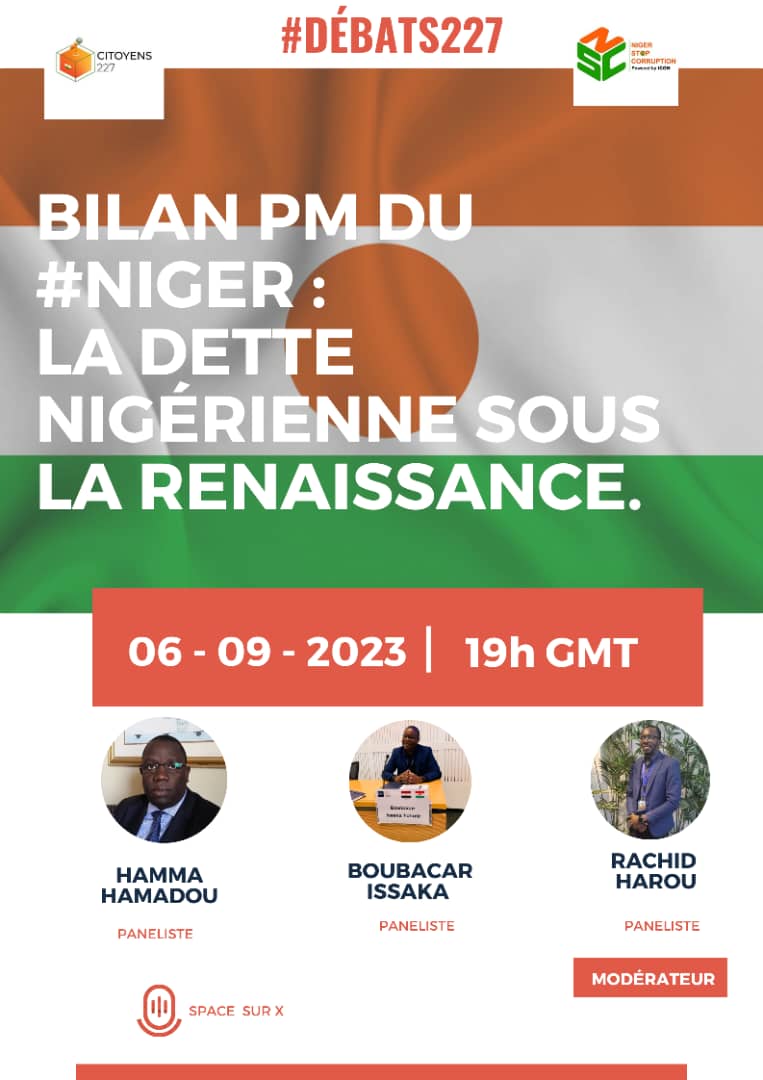 🗳️ A la suite de la Conférence de presse du PM Zeine et des chiffres annoncés sur l'endettement du #Niger, nos experts <a href="/hamadou_hamma/">Hamma HAMADOU</a> <a href="/Papatchole/">Issaka Tchole BOUBACAR 🇳🇪🇪🇬🇨🇭</a> et <a href="/harou_rachid/">Maï kankana 🇳🇪</a> animeront un space.  

Ils nous expliqueront la dette, son utilité, les moyens de la contenir et son remboursement.