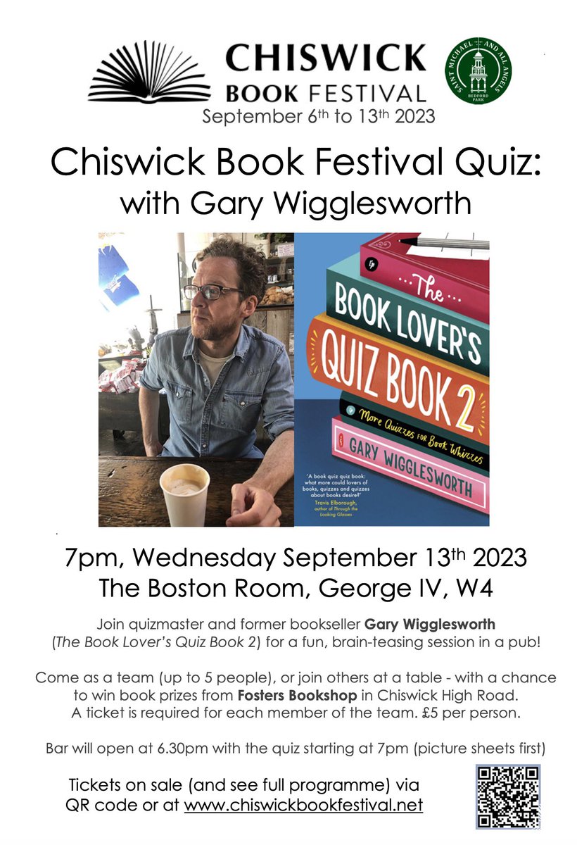 Book-lovers and quiz-lovers - this is your moment! Don’t miss our Festival Quiz evening @GeorgeIVW4 on Weds Sept 13th with quizmeister @gpwigglesworth (The Book Lover’s Quiz Book 2). Tables for up to 5 - tickets £5 pp here: ticketsource.co.uk/chiswickbookfe…