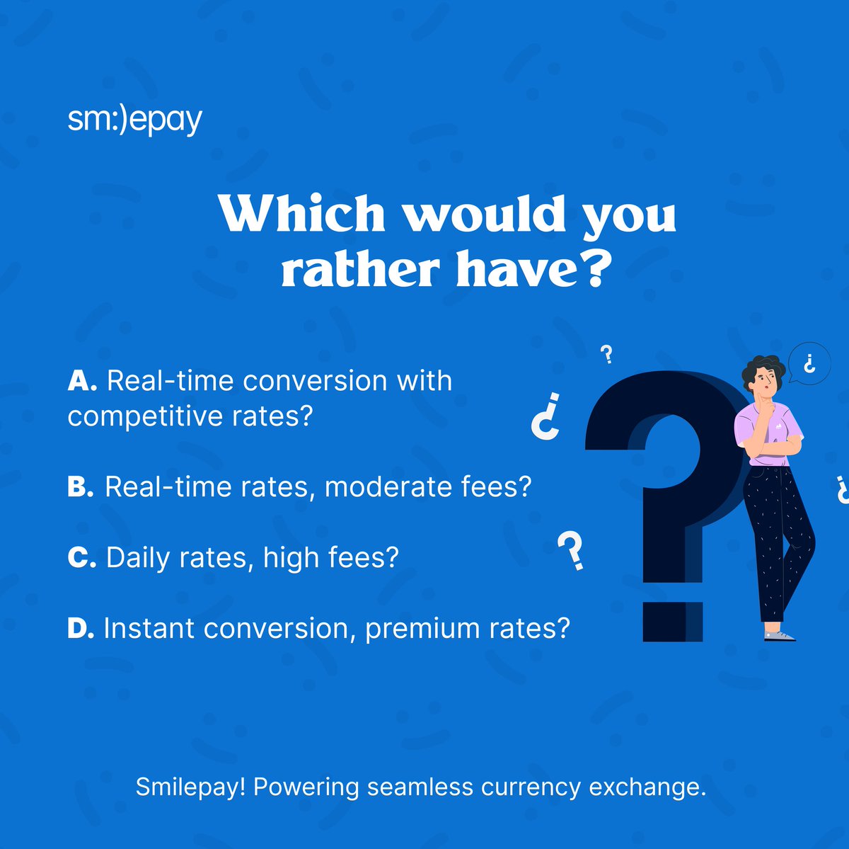 SmilepayA's tweet photo. Which would you rather have when exchanging your currencies?  

Share in the comments. 

#FinanceInCommon2023 #tuesday #TuesdayThoughts #smilepay #smilepayafrica #dollar #exchangerate #fintech #Finance #techtwitter #tech https://t.co/9a01IgU8bB