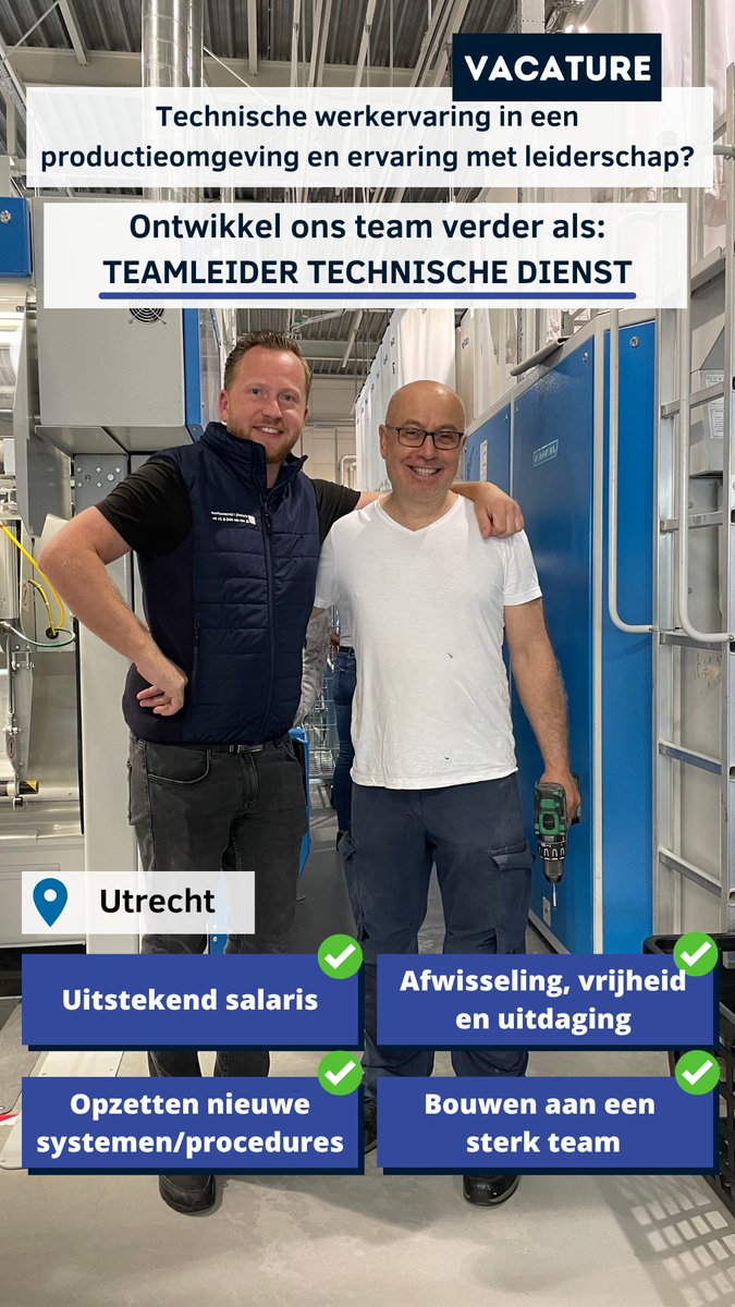 💻 Teamleider Technische Dienst 🕰 36 -40 uur 📍 Utrecht 💰 passend bij kennis/ervaring

Neem een kijkje op onze website voor de vacature:
vanderkleijtextiel.nl/werken-bij-job…
of neem direct contact op met Mirjam via 030 307 2200.
