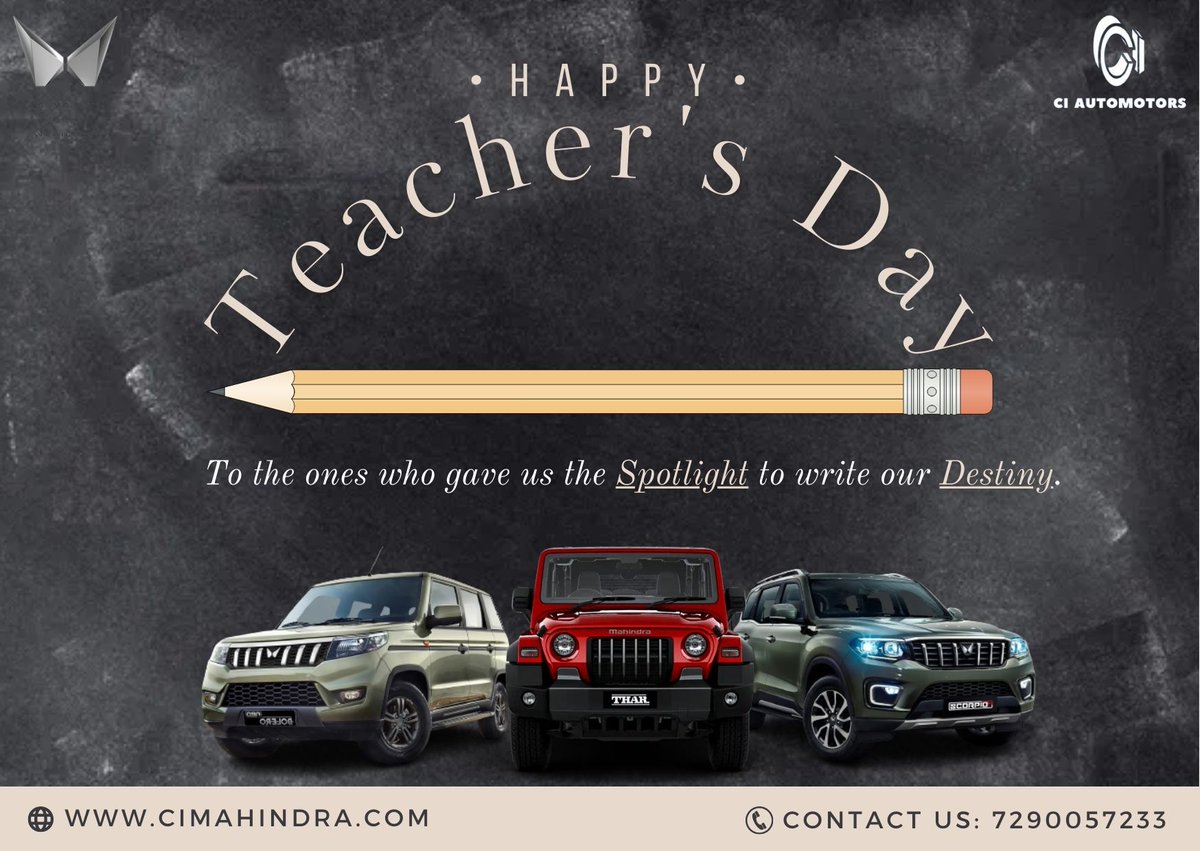 CiMahindra's tweet photo. Mahindra - CI Automotors wishes everyone a very happy Teacher's Day 2023!
.
.
.
.
#Mahindra #cimahindra #Car #HappyTeachersDay #teachersday #teachers #DrivewithCI #MahindraAuto #MahindraAutomotive https://t.co/rjt5FUc9hO