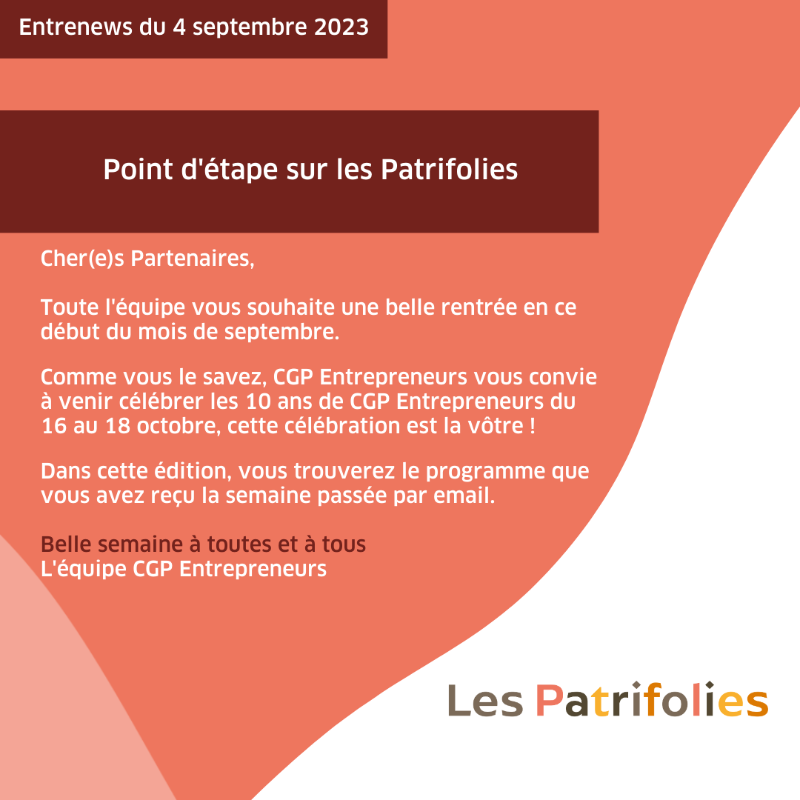 CGP_Entr's tweet photo. 📰 #CGP du Groupement, votre #Entrenews est sortie ! Consultez vos e-mails pour découvrir son contenu.

🎉 Le point d'étape sur les #Patrifolies
👨‍💼 Le prochain COS se tiendra le 5 septembre
🖥️ Le programme des prochaines visioconférences

Et bien d'autres informations !