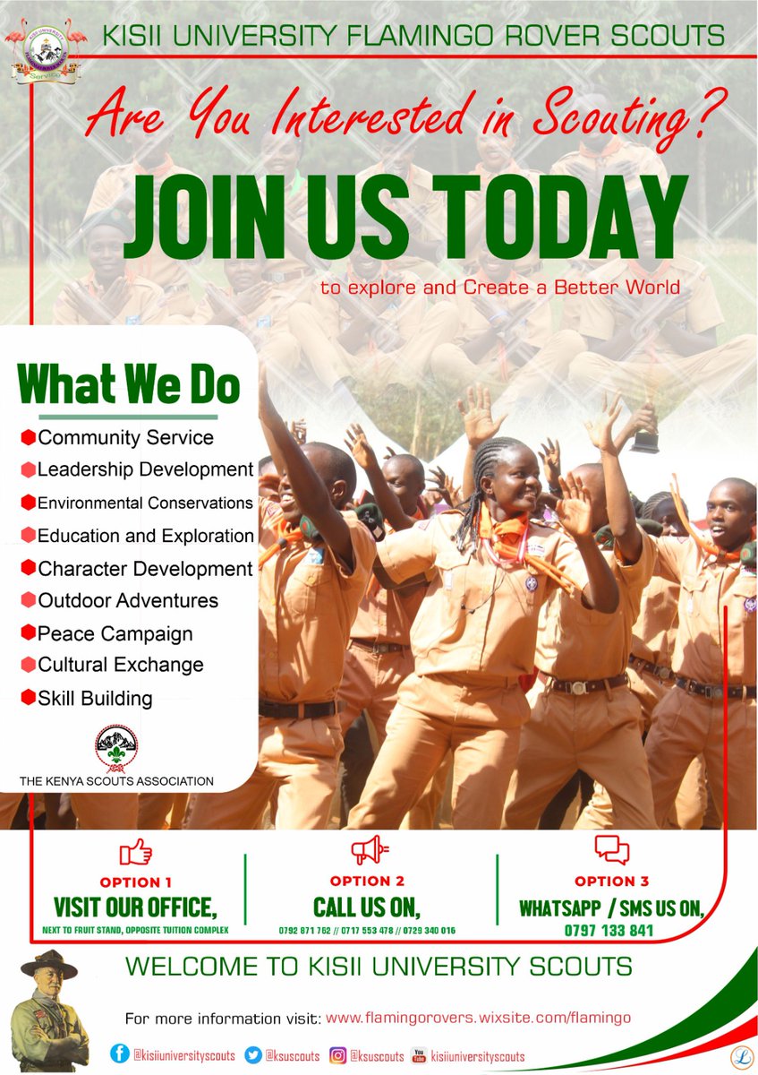 JosehTash's tweet photo. Are you looking for a leadership development, community service, outdoor adventure, cultural exchange and other educational exploration club.
Join us today.
#KisiiUniversityFlamingoRoverScouts
The heart of service.
@framoken
@ScoutsPhoenix @ksuscouts @lancemedia254 https://t.co/lpmSmBW5iG