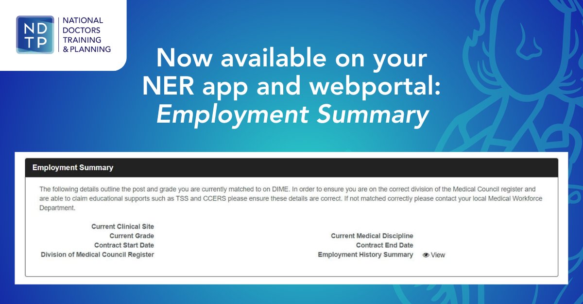 NDTP_HSE's tweet photo. NCHDs, did you know that you can now track your employment history through the #NERapp and webportal? This update is part of the ministerial taskforce on the #NCHD workforce recommendations. Log into your NER account to check out the Employment Summary section. #DoctorsinTraining https://t.co/Y34epPwSKt