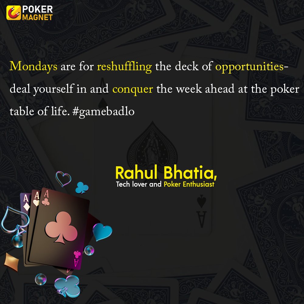 MagnetPoker's tweet photo. Mondays are for reshuffling the deck of opportunities—deal yourself in and conquer the week ahead at the poker table of life. #gamebadlo 

 Follow Us @pokermagnet for more updates.

  #MondayMotivation  #WorkLife #PokerMagnet 
#OnlinePoker #OnlineGame #PlayPokerOnline https://t.co/MLB7sjbYpY