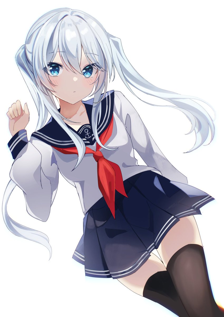 hibiki (kancolle) 1girl solo thighhighs blue eyes school uniform long hair twintails  illustration images