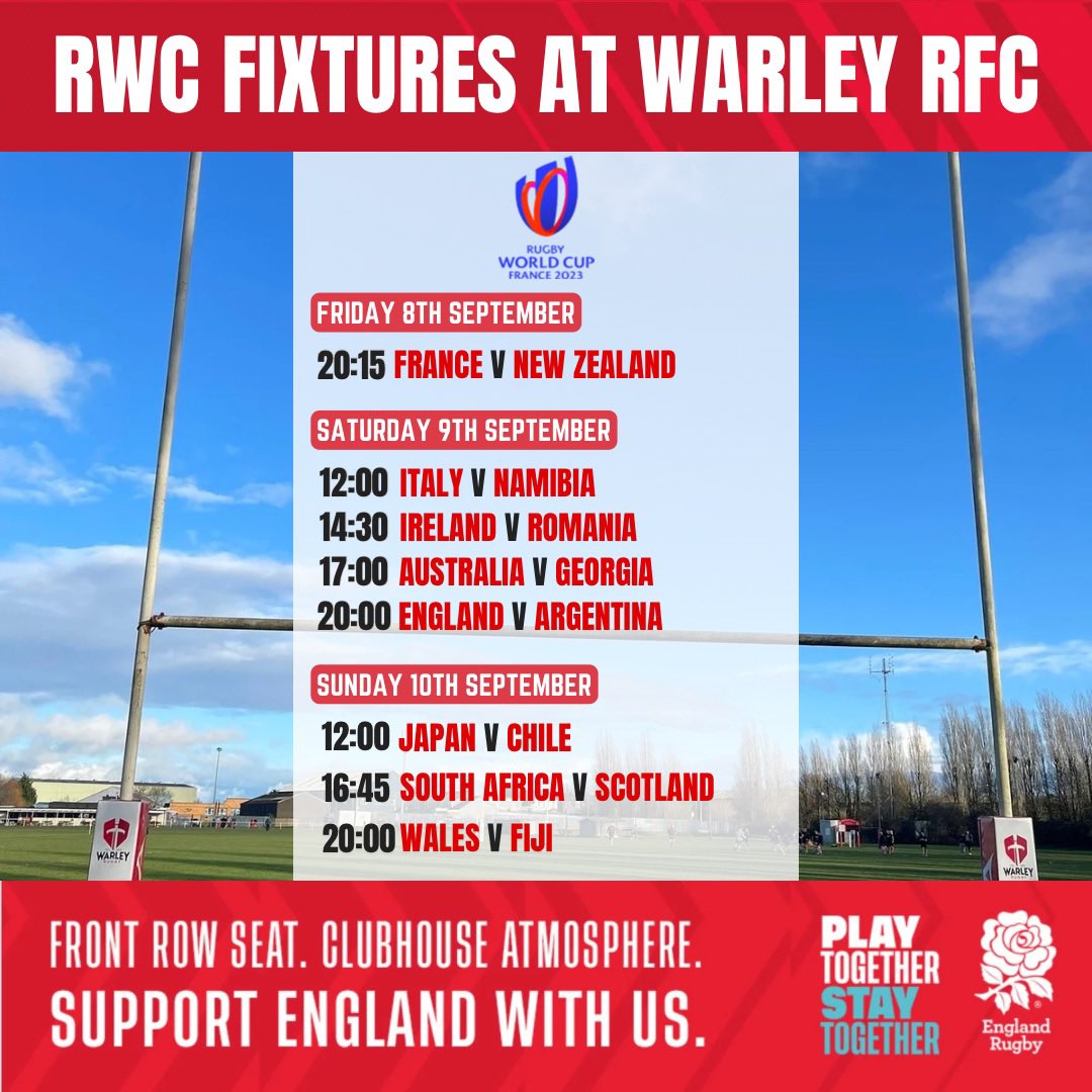🚨 THE RUGBY WORLD CUP STARTS FRIDAY 🚨

Warley RFC will be showing all RWC Fixtures! 🏉

Check out this weekends fixtures starting with France V New Zealand on Friday evening! 

#WeAreWarley

🔴⚪️🔴⚪️