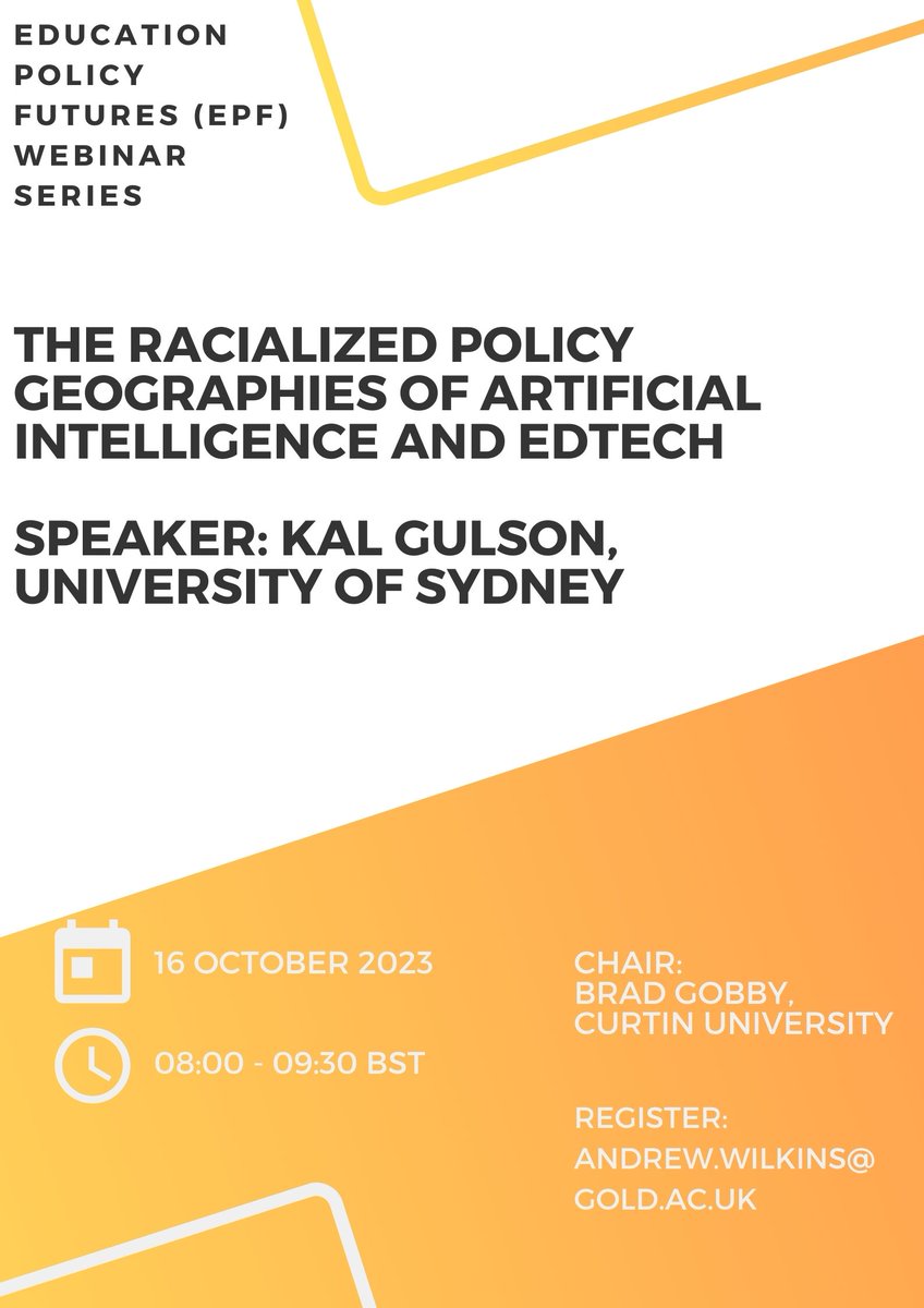 In what ways are racial ideas and practices coded and rearticulated through education technology and artificial intelligence? Join us for a conversation with @GulsonKalervo via webinar on 16 October Email/DM to attend