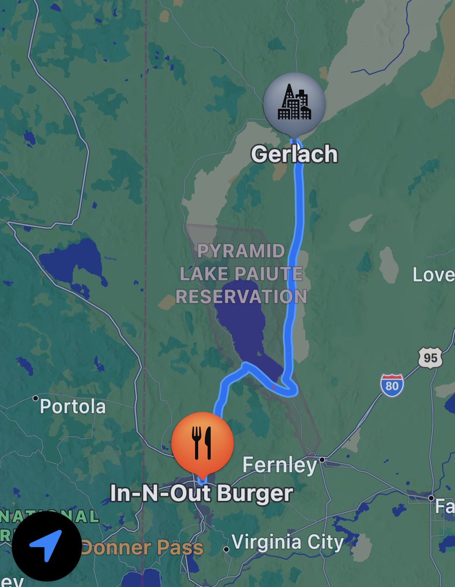 LEGOJeep's tweet photo. @bmantraffic From Bruno’s in Gerlach it is about 60 miles to 446 / Sutcliffe Hwy. Pyramid way actually intersects with 80 in Sparks not Reno. The In-N-Out in Sparks can be a faux end point for apple maps or can be selected as an alt route with google mapping routing. https://t.co/CkmusXkzlv