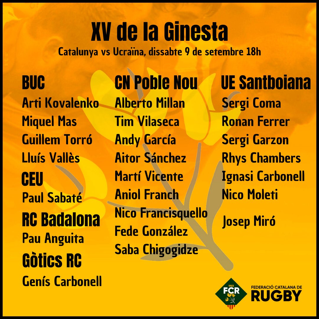rugby_cat's tweet photo. Convocatòria de la selecció catalana masculina per al partit contra Ucraïna d'aquest dissabte 🤩🤩

6⃣ clubs aporten els 23 jugadors que defensaran el XV de la Ginesta a la Foixarda 💪🏉 https://t.co/xxHdcg5U4Y