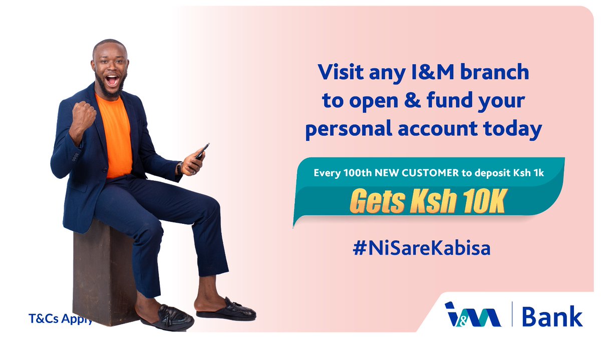 What can you do with 10k today? Open an IM Bank  Personal account today, 

The 100th customer to open & fund their personal account with Ksh 1,000 gets  Ksh 10,000!
IMBank to Mpesa ni free
#NiSareKabisa