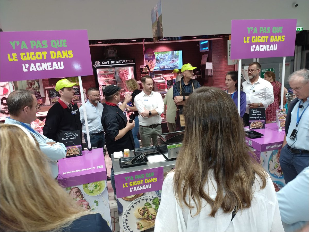 EleveursOvins's tweet image. A l’initiative d’#interbev ovin, échanges autour de la nouvelle démarche « nos clients changent changeons l'#agneau 🍗 » au Leclerc de Chatellerault entre des délégations 🇪🇸🇮🇪🇬🇧🇫🇷. Objectif le renouvellement des jeunes conso !