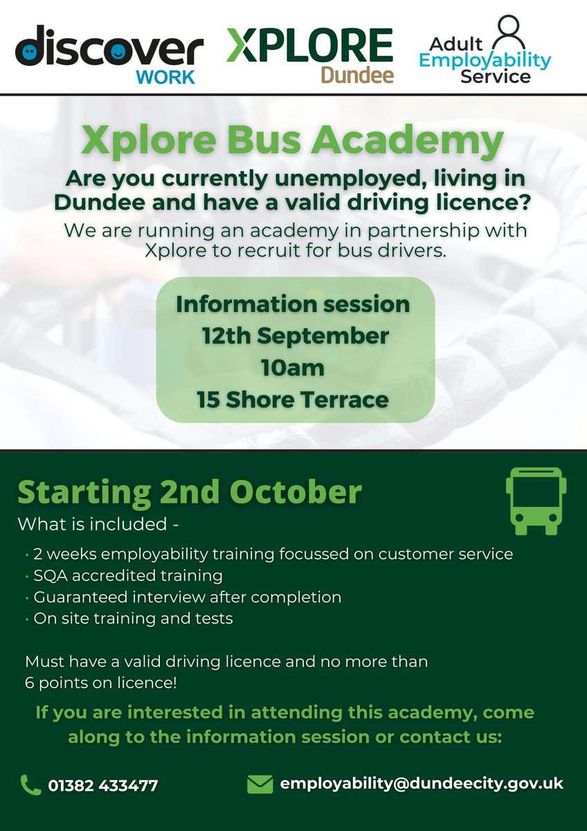 We are working with @XploreDundee to help recruit for bus drivers. Beginning October 2nd, there will be a 2 week course with a guaranteed interview after completion. Once successful, on site training begins at the McGills Training Academy. @academy_mcgills @mcgillswest