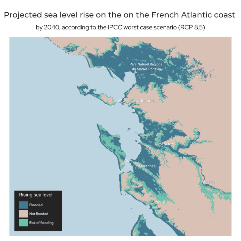 Charente-Maritime's coast faces high vulnerability to sea-level rise due to climate change. By 2040, based on IPCC's RCP 8.5 scenario, this map predicts flood-prone areas by comparing terrain data with high water levels. #ClimateEmergency #ClimateActionNow
