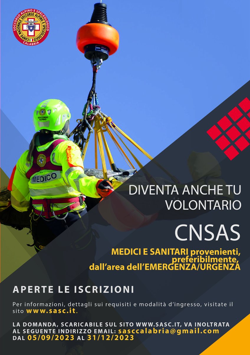 cnsas_Calabria's tweet photo. Aperte le iscrizioni per diventare volontario CNSAS. 
Per informazioni, dettagli sui requisiti, modalità d'ingresso e per SCARICARE LA DOMANDA visitate il sito del Soccorso Alpino e Speleologico Calabria alla pagina:
https://t.co/D0o0N0V2jH https://t.co/9DbrwS2WSx