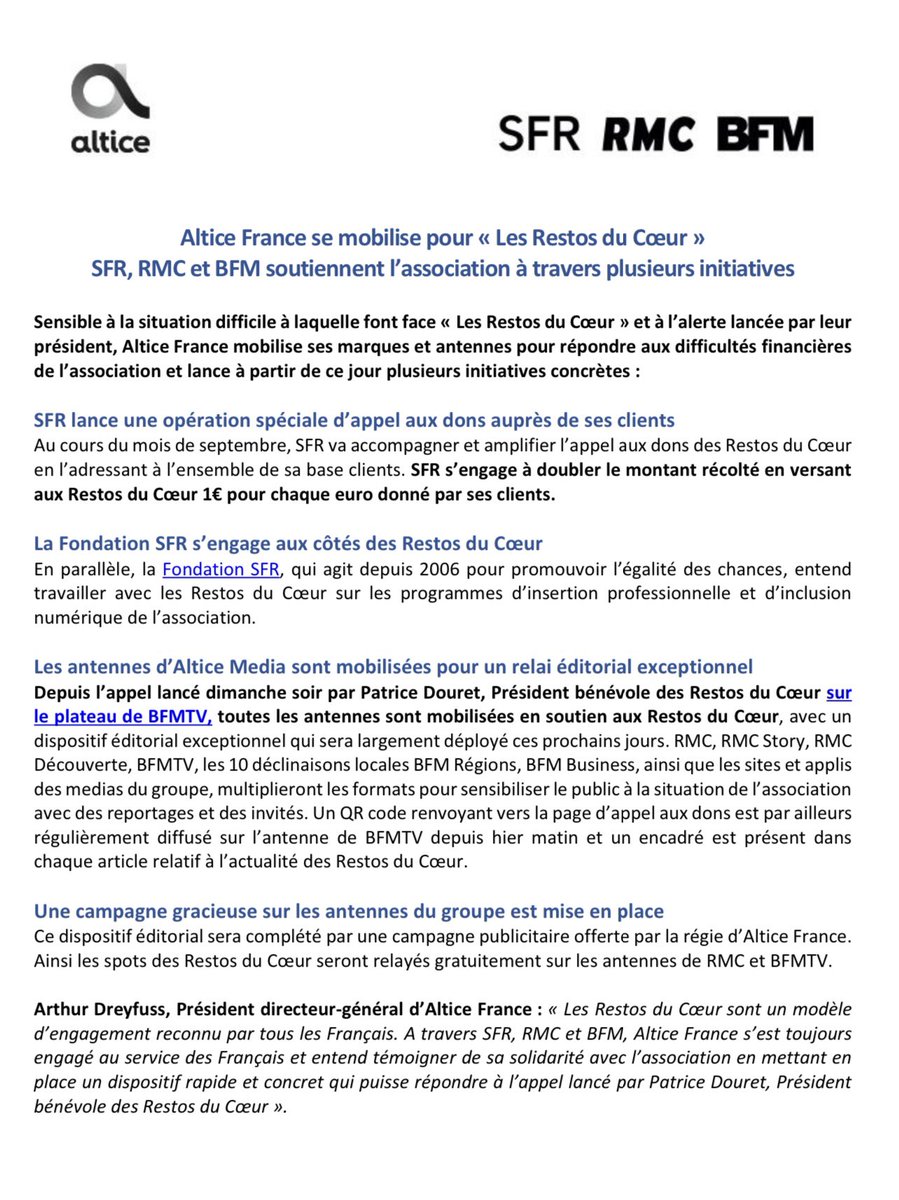 #Altice France se mobilise pour les <a href="/restosducoeur/">Les Restos du Coeur</a>

#SFR #BFM et #RMC soutiennent l’association à travers plusieurs initiatives