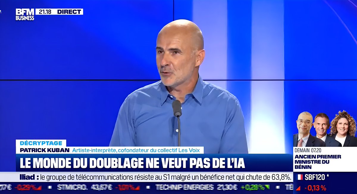 les_voix's tweet photo. 📢 Patrick Kuban sur BFM : Les artistes face à l'IA générative !📺 
Comédien voix off et cofondateur de l'association https://t.co/bCx2s9Ls7z, il a abordé la question de l'impact de l'IA sur le domaine de la #voixoff et du #doublage.
👉https://t.co/91qYPO58i7 https://t.co/Nwm1R7mgGF