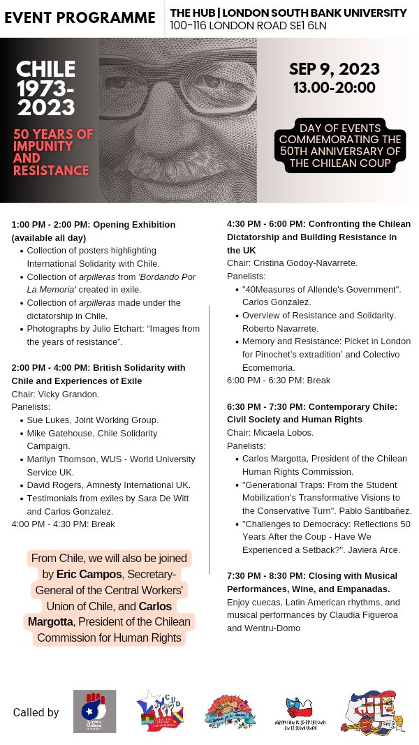 asambleachilena's tweet photo. A day of activities 9/9/2023: Bordando por la Memoria tapestries, talks with @SueLukes, @EcoMemoria, photography, music, empanadas🥟 and +
Today, it's more important than ever to preserve memory and keep fighting for human rights✊🏽Join us to mark 50 years since the Chilean coup. https://t.co/g1cOoZtEYy