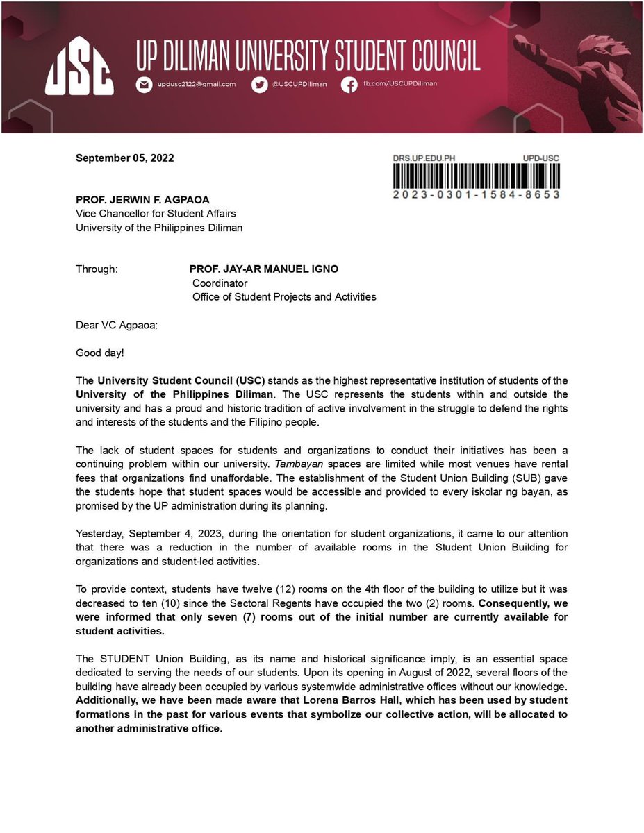 USCUPDiliman's tweet photo. #StudentSpaces | Inquiry on Student Spaces
UPD USC sent a letter to OVCSA through OSPA regarding student spaces, particularly on the decreasing number of available activity rooms in the Student Union Building. https://t.co/JhngCWsoXe
