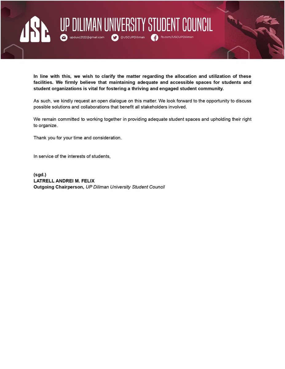 USCUPDiliman's tweet photo. #StudentSpaces | Inquiry on Student Spaces
UPD USC sent a letter to OVCSA through OSPA regarding student spaces, particularly on the decreasing number of available activity rooms in the Student Union Building. https://t.co/JhngCWsoXe