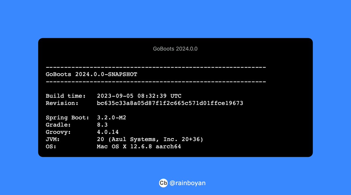 rainboyan's tweet photo. 🚄Let's start a new journey =====> #GoBoots 2024🏆
#groovylang #grailsfw #springboot 3.2 #spring 6.1 #java21 https://t.co/b8iEn2hxQF