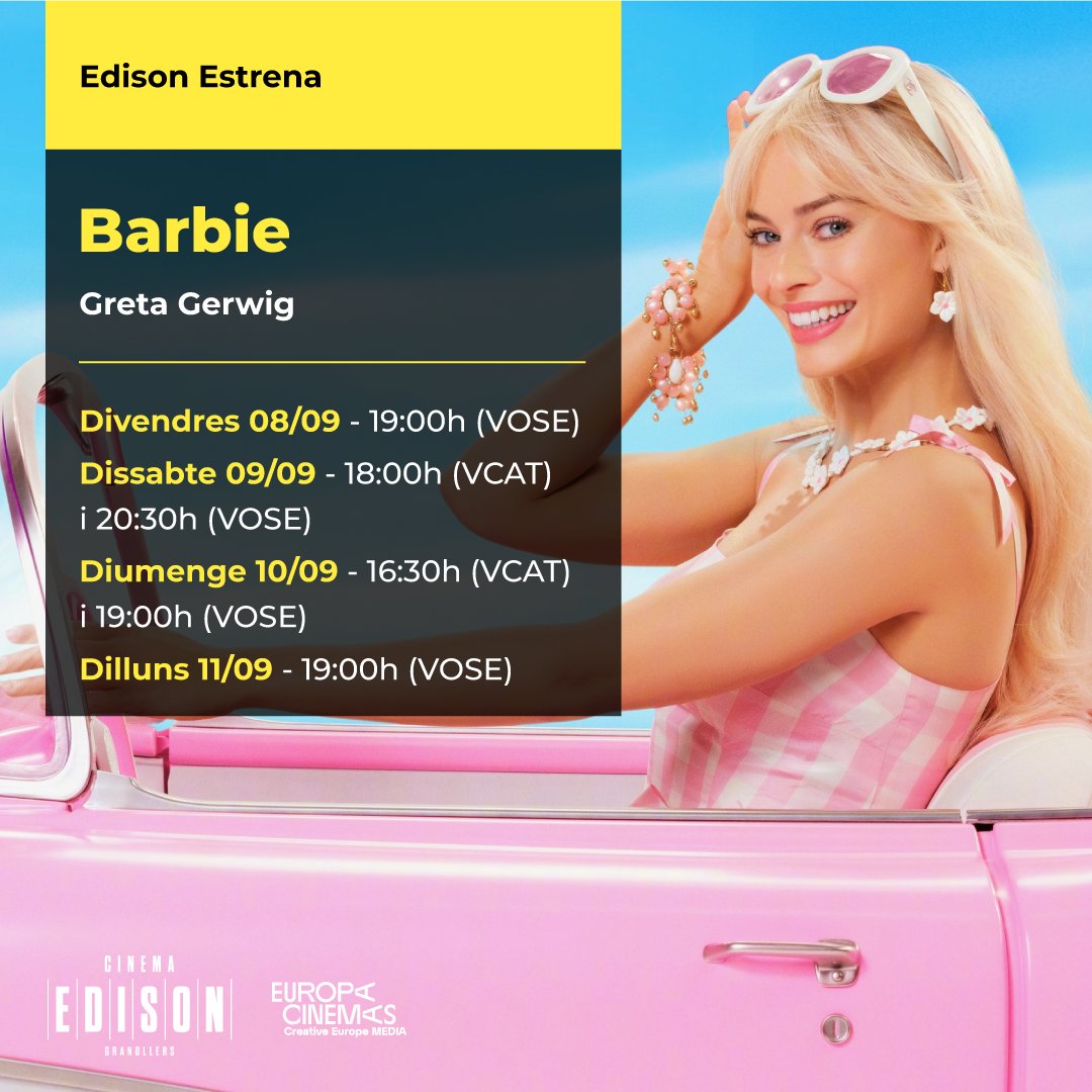 Tornem de vacances ja! 😎

🎬👱‍♀️ Barbie
🗓 Div. 8/09 - 19:00h (VOSE)
🗓 Dis. 9/09 - 18:00h (VCAT) i 20:30h (VOSE)
🗓 Diu. 10/09 - 16:30h (VCAT) i 19:00h (VOSE)
🗓 Dil. 11/09 - 19:00h (VOSE)

🔗cinemaedison.cat

#Cinema #CinemaEdison #Granollers #Barbie #GretaGerwig