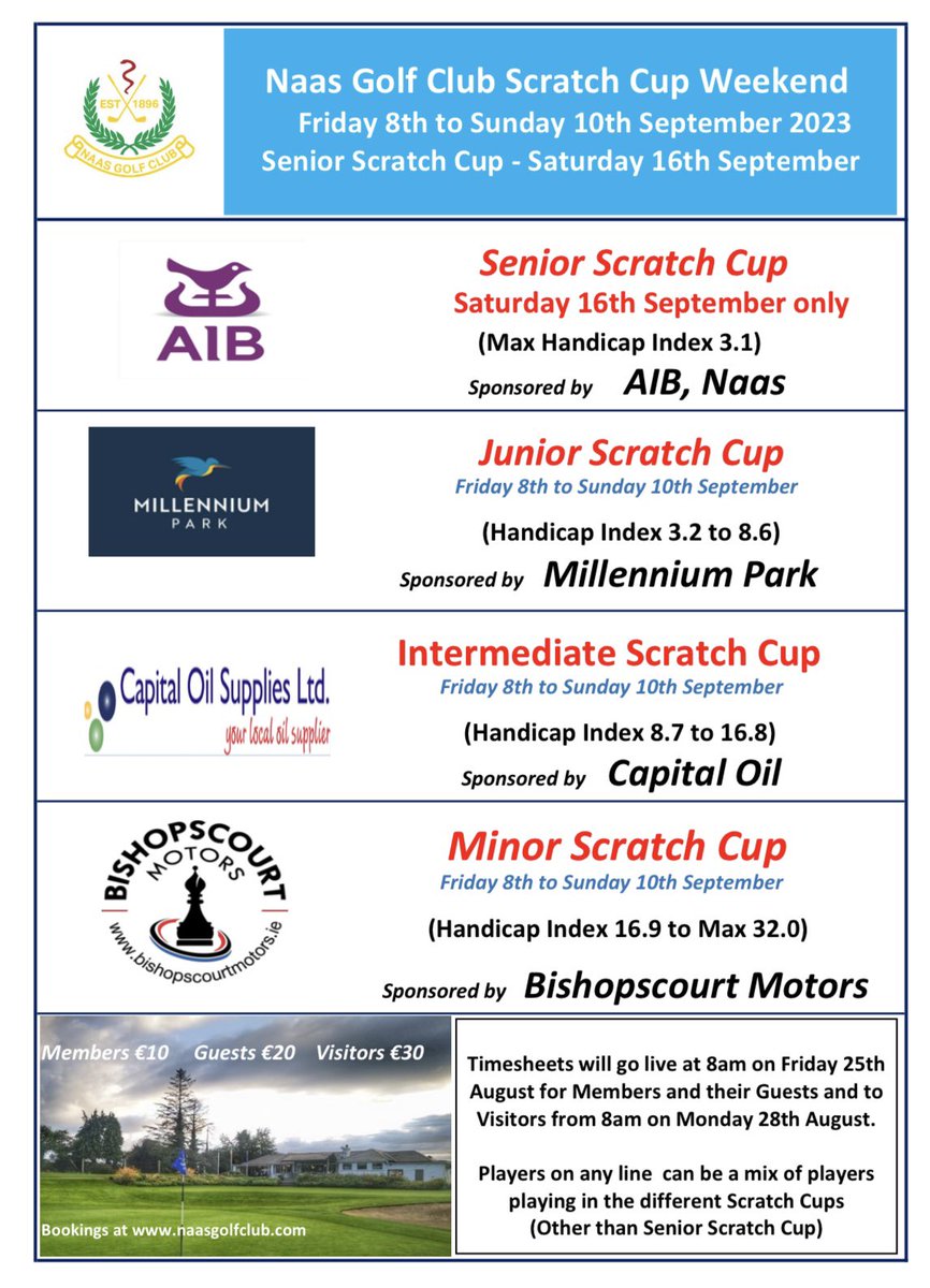 Naas Scratch Cups: Reminder that our Junior, Intermediate & Minor Scratch Cups take place this coming Friday, Saturday and Sunday with the Senior Scratch Cup the following Saturday. 🏌️‍♂️⛳️🏆 @ScratchCups @OpenGolfIreland @amateur_info @IrishGolferMag @GolfIreland_