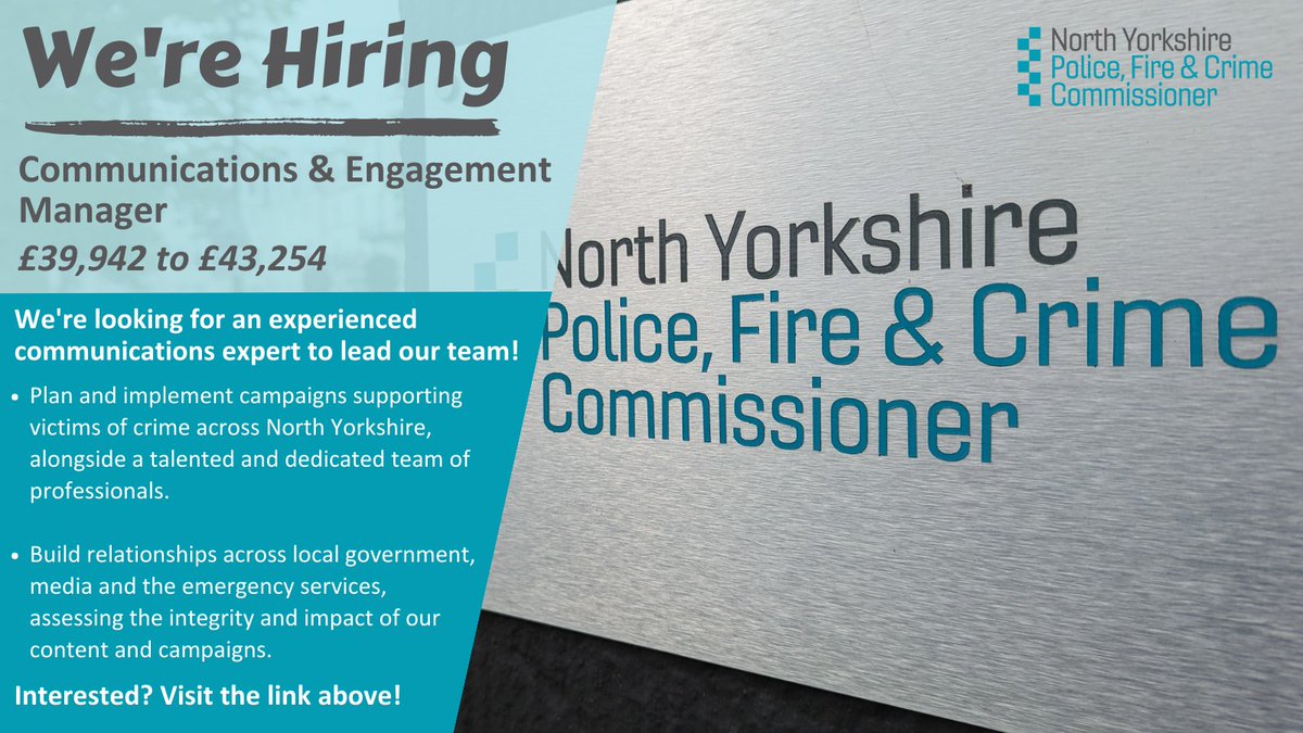 northyorkspfcc's tweet photo. We're hiring! 💼

Are you an experienced, dynamic communications professional interested in joining our organisation at a crucial time?

Visit the link below to find out more about what we're looking for, and how you can apply!

https://t.co/Uk9YbPzZjP https://t.co/zk1ZX1l7XY
