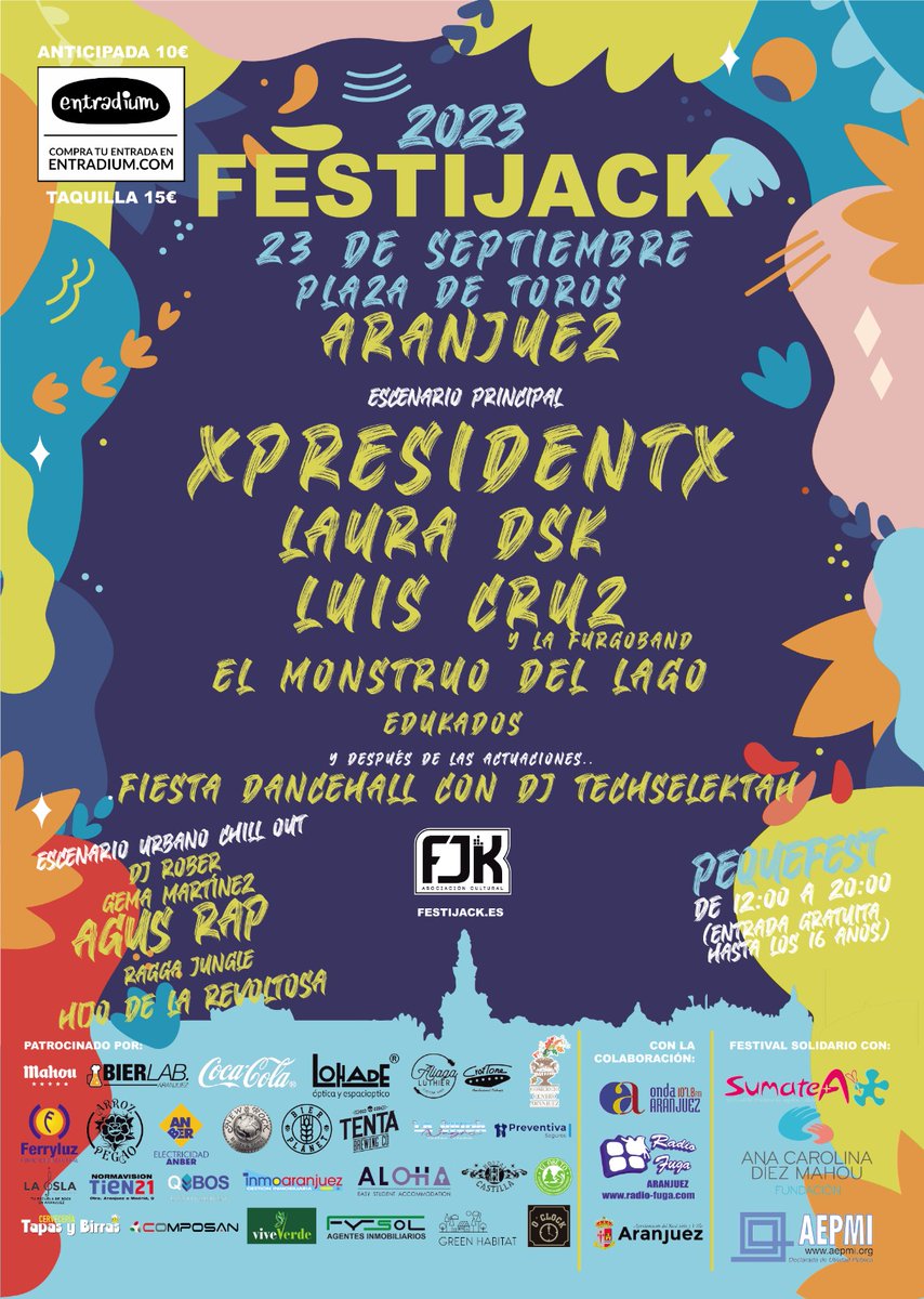 fjk_social's tweet photo. 🎶💥23 sept. Festijack Aranjuez.2 escenarios, Pequefest, Chill Out, mercadillos, fiesta Dance Hall.
🎤 @XpresidentX_XpX
🎤 @Laura76330153
🎤 @Luiscruzylafurgoband
🎤 @elmonstruodellago
🎤 Edukados
🎤 Gema Martínez
🎤 Dj Rober
🎤 @AGUSRAP72
🎤@hijodelarevoltosa
🎤@techselektah https://t.co/uv0aNIk3nO