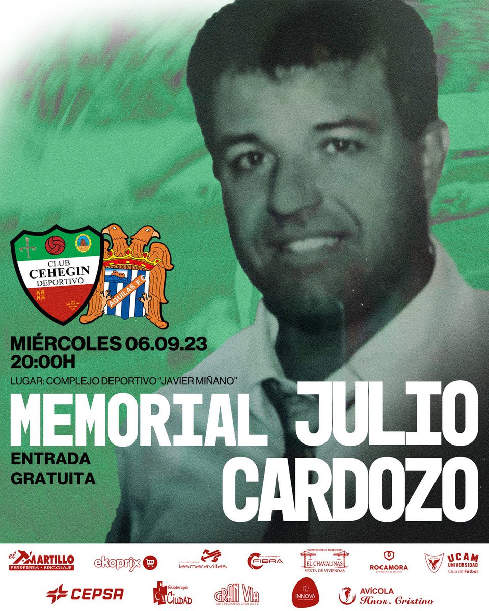 💚 VI Memorial Julio Cardozo 💚

🆚 <a href="/aguilas_fc/">Águilas F.C.</a> (2ª RFEF)
📆 Miércoles, 6 de septiembre
⌚️ 20.00h
🏟️ Polideportivo Almarjal "Javier Miñano Espín"
🎟️ Entrada gratuita
