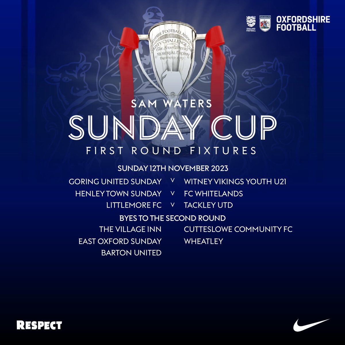 🏆SAM WATERS SUNDAY CUP🏆

⚽️FIRST ROUND DRAW⚽️

📅SUNDAY 12TH NOVEMBER📅

⏲️10:30AM KICK-OFFS⏲️