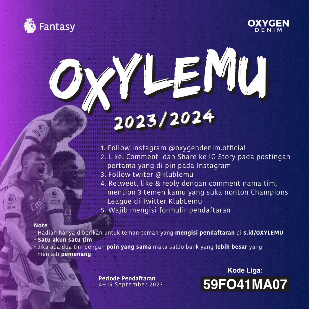 klublemu's tweet photo. FUCL kali ini Klublemu berkolaborasi bersama Oxygendenim @mpitsky.

Disimak baik - baik persyaratannya dan jangan lupa isi pendaftaran di link 👉 https://t.co/HDpAhgcTWf.

Dan berikut juga link masuk ke ucl fantasynya https://t.co/2SXX1Pc1qL.

Pendaftaran GRATIS. Yuk join! 🥳 https://t.co/BVMH8JhyhU