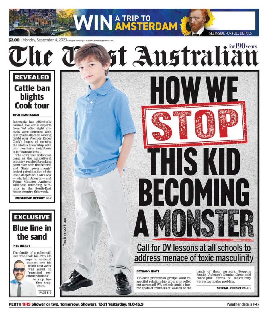 goodfoodgal's tweet photo. WHAT THE HELL IS THIS?!

Media sinks to a brand new low attacking white boys. 

Using phrases like “toxic masculinity” on the FRONT PAGE is the most disgusting thing I’ve seen in a while. 

Leave white men and boys alone!

Shameful. @westaustralian https://t.co/KdgO7xmHB1
