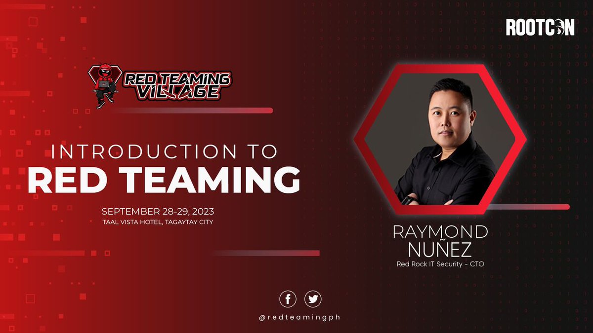 guidemtraining's tweet photo. 🎉Red Teaming Village is thrilled to introduce one of our distinguished resource speakers for the upcoming inauguration of our village in ROOTCON Hacking Conference. 

😎 Meet Mr. Raymond Nuñez, the Chief Technology Officer of Red Rock IT Security.

🪪 Mr. Nuñez's crede... https://t.co/LVveJsduvU